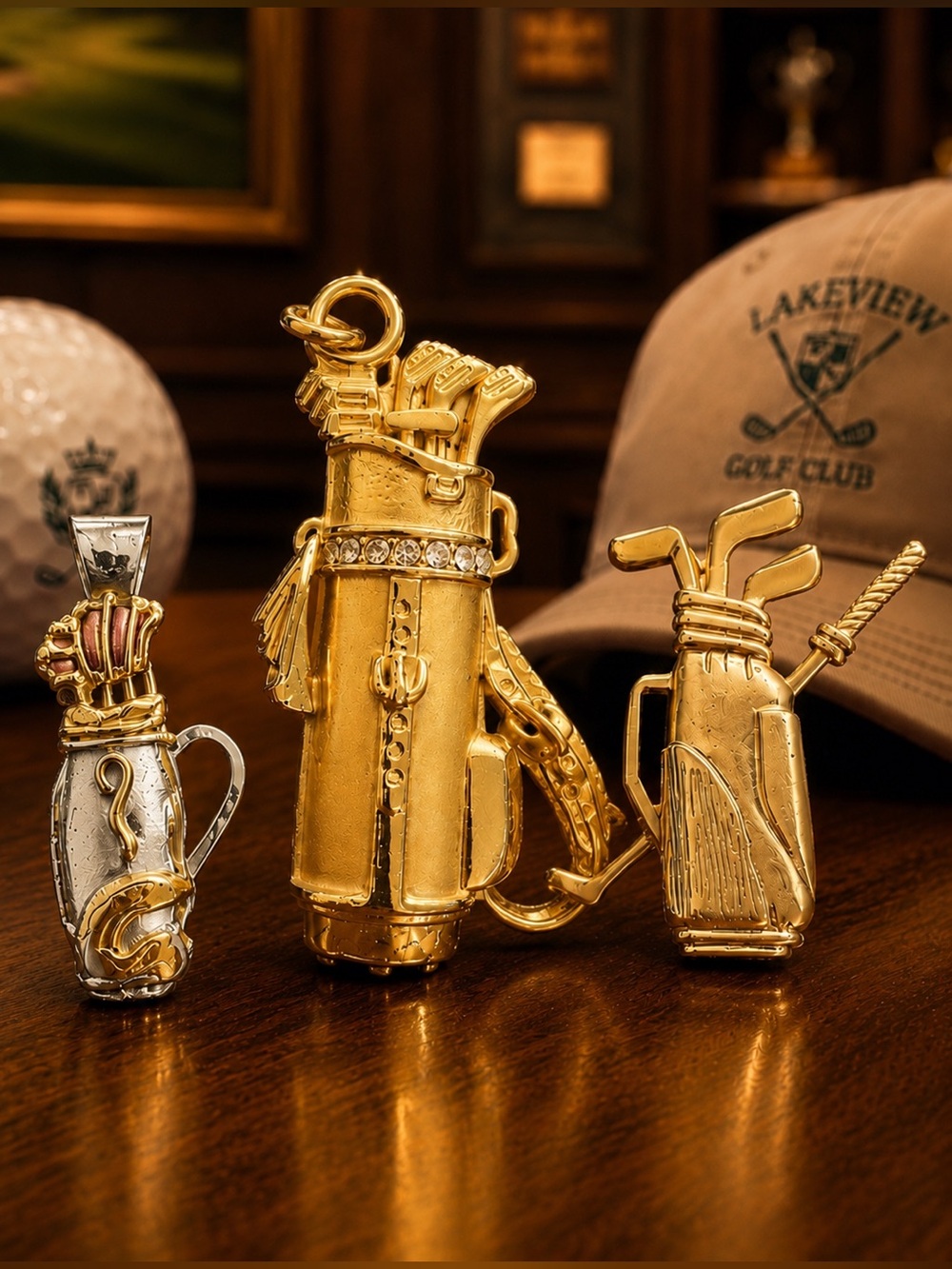 2 Pendants & Brooch | S925 Golf Pendant | Austrian Crystal | Statement Golf Bag